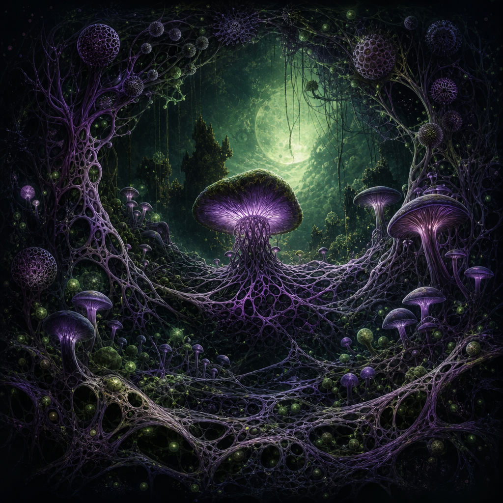Bioluminescent mushroom and mycelial forest artwork