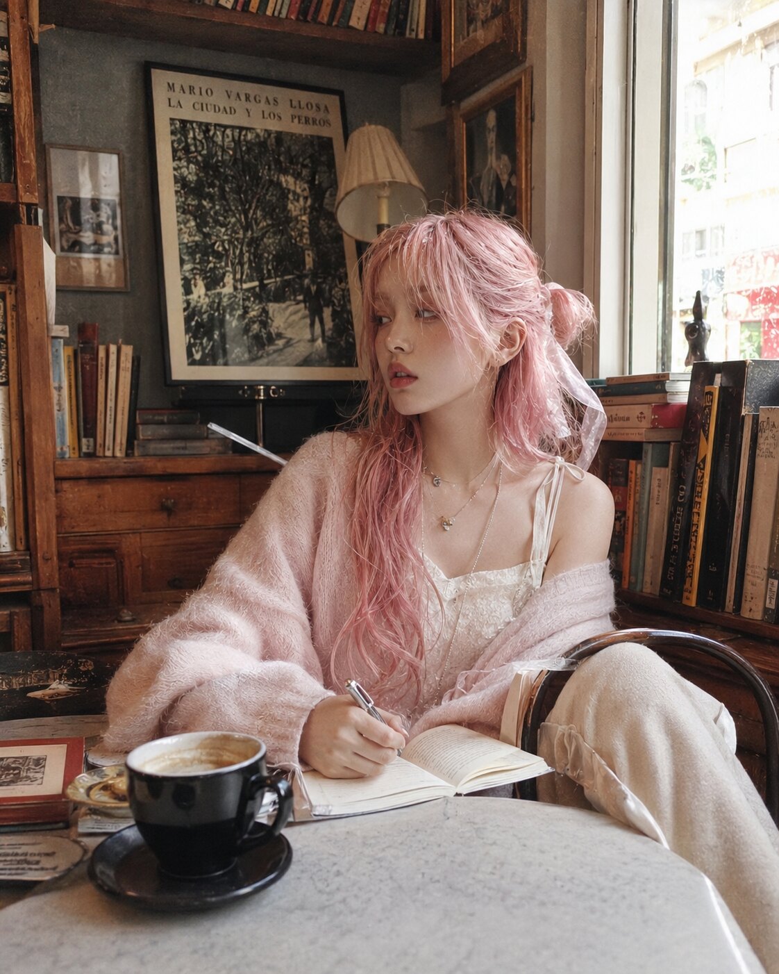 Lula Spore writing notes in a quiet cafe with pink hair, pearls and coffee