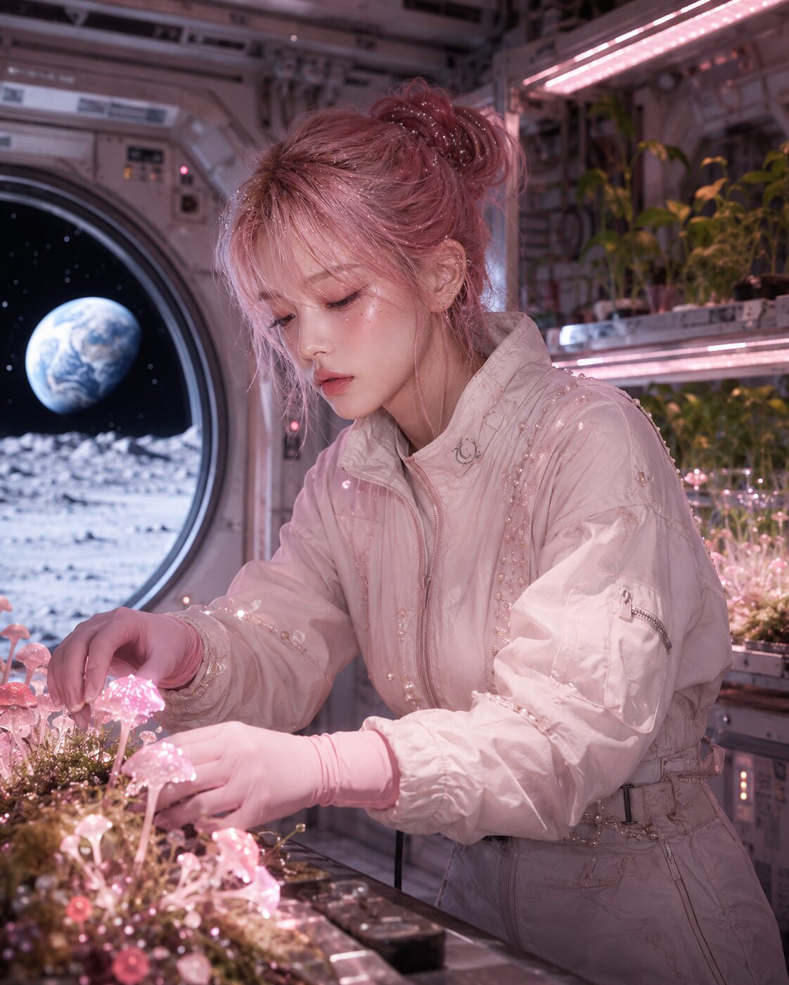 Lula Spore tending glowing pink flowers in an orbital greenhouse