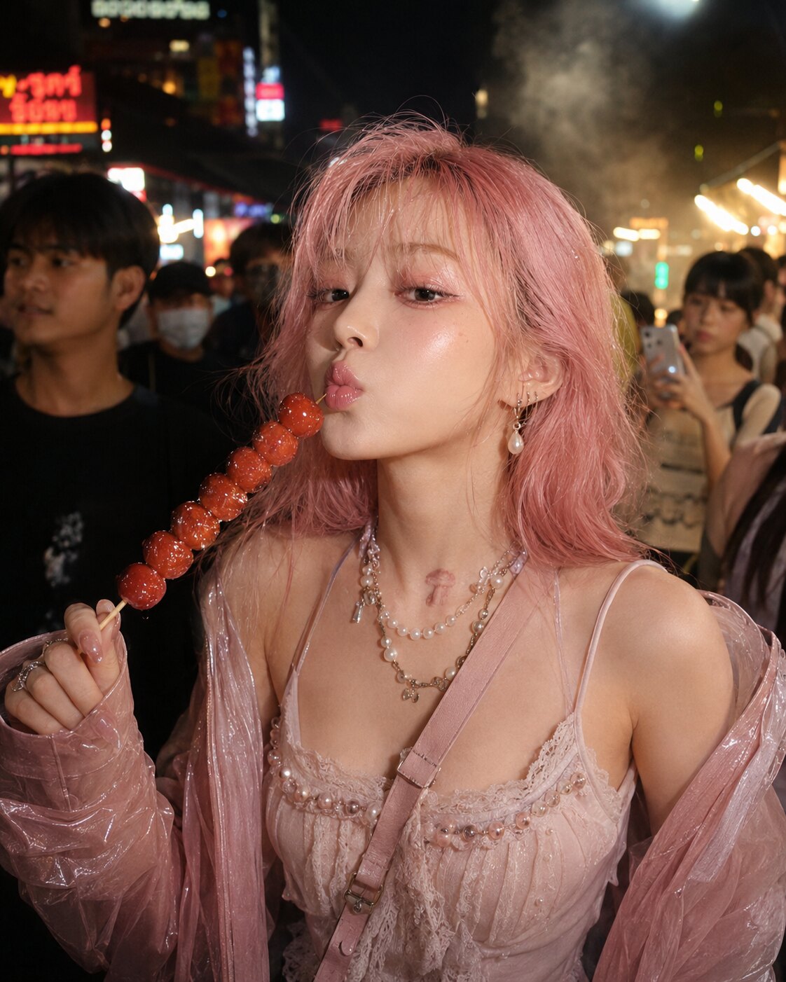 Lula Spore eating a glossy street snack under night market lights