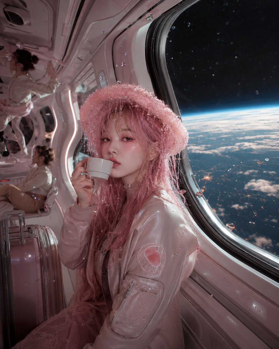 Lula Spore drinking tea beside a spacecraft window looking down at Earth