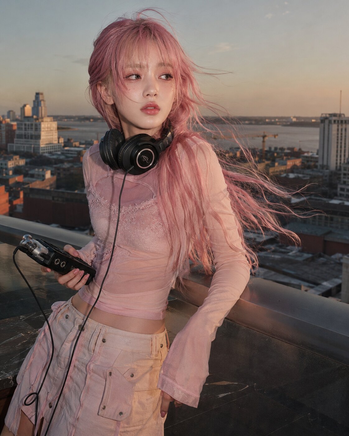 Lula Spore on a rooftop with headphones and a small field recorder at sunset