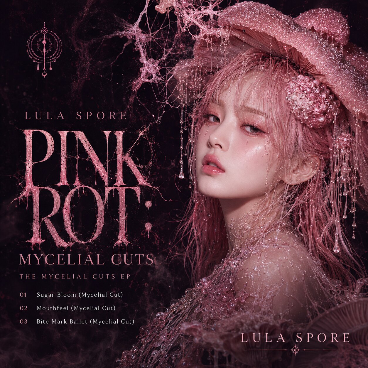 Pink Rot Mycelial Cuts poster with Lula Spore portrait and bonus tracklist