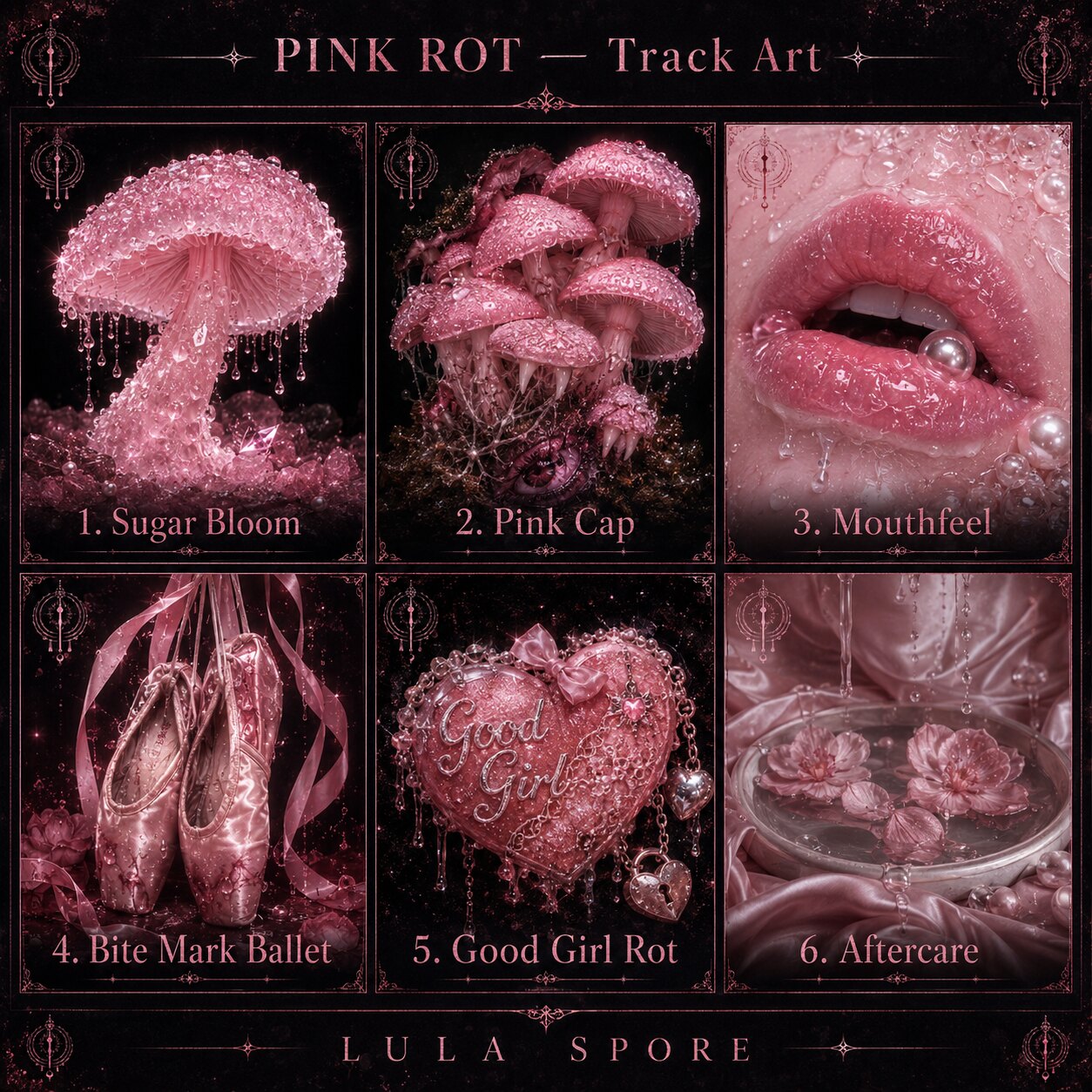 Pink Rot track art board with six illustrated panels for Sugar Bloom, Pink Cap, Mouthfeel, Bite Mark Ballet, Good Girl Rot, and Aftercare