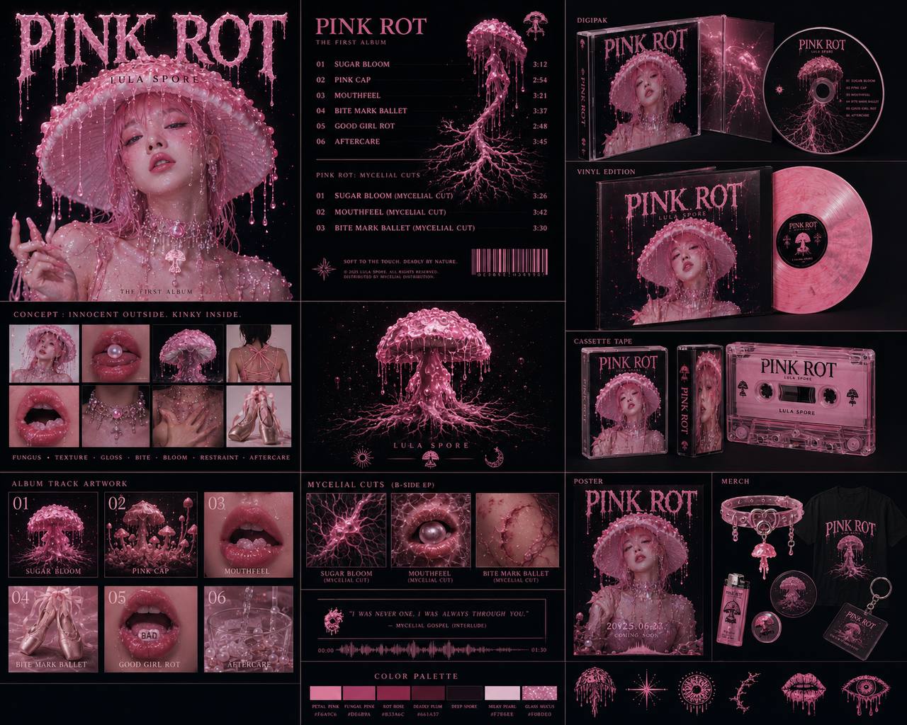 Pink Rot digipak, cassette, merchandise and mycelial cuts board